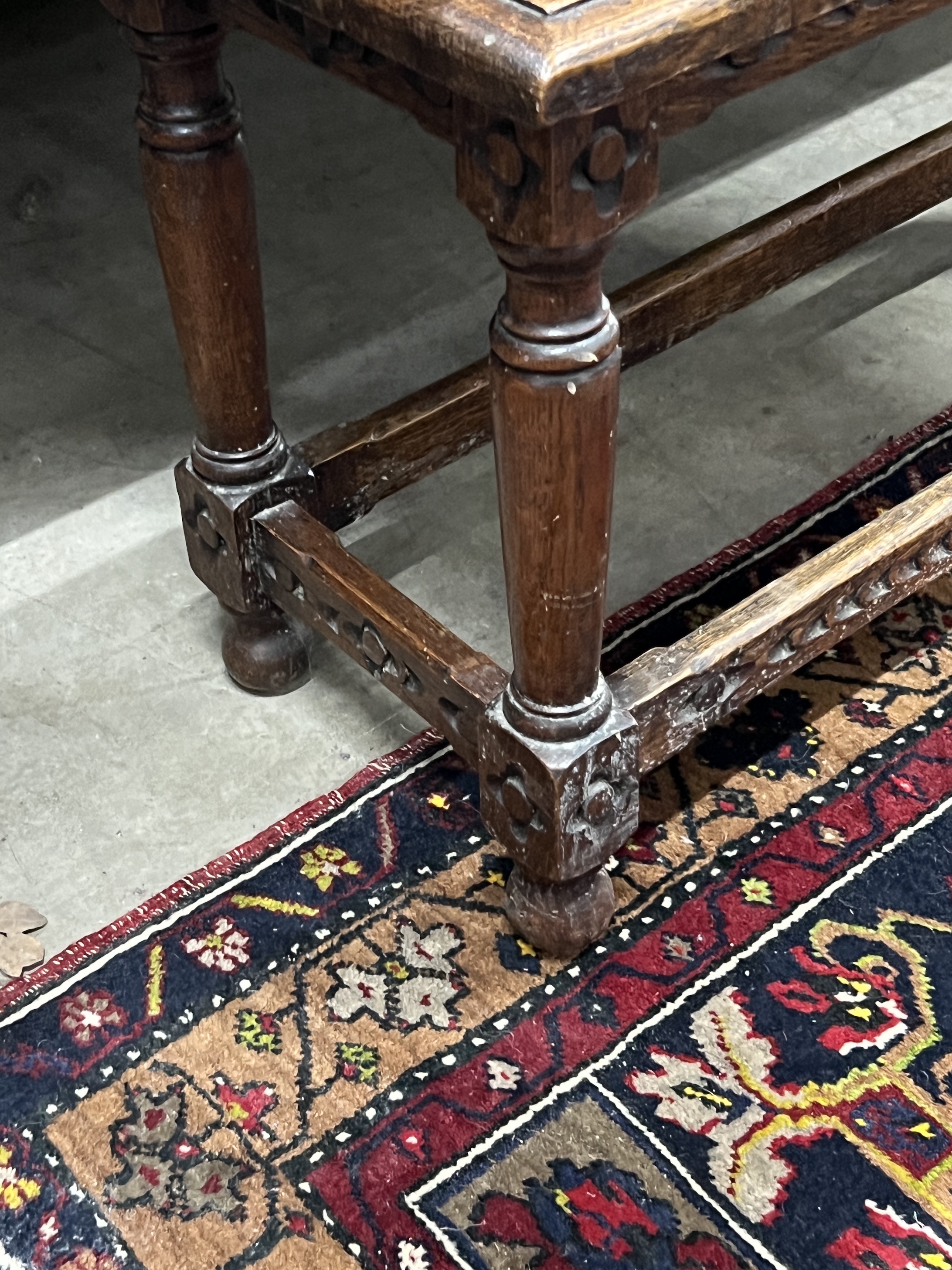 A 17th century style rectangular oak joint stool, width 72cm, depth 32cm, height 45cm
